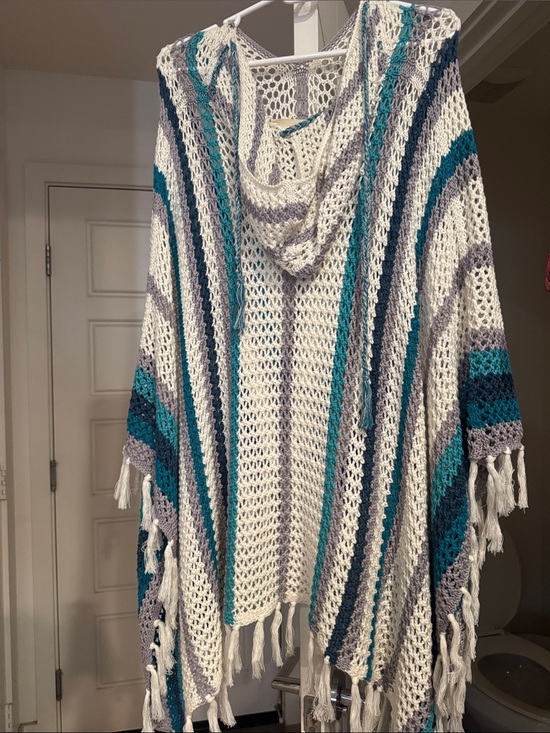 lovestitch Sweaters - lovestitch Open-Knit Hooded Fringe Poncho in White, Teal & Gray